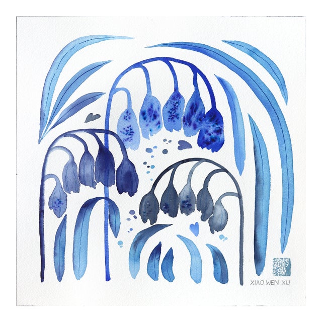 Bluebells - Blue Abstract Floral Painting on Paperginal Artwork by Xiao Wen Xu For Sale