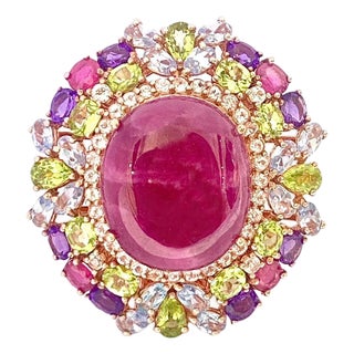 Bochic "Orient" Natural Ruby, Peridot & Amethyst Ring Set In 18 K Gold & Silver For Sale