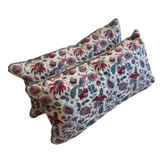 Custom Quilted Bennison Cochin Blue and Red in Oyster Linen Pillows- a Pair For Sale