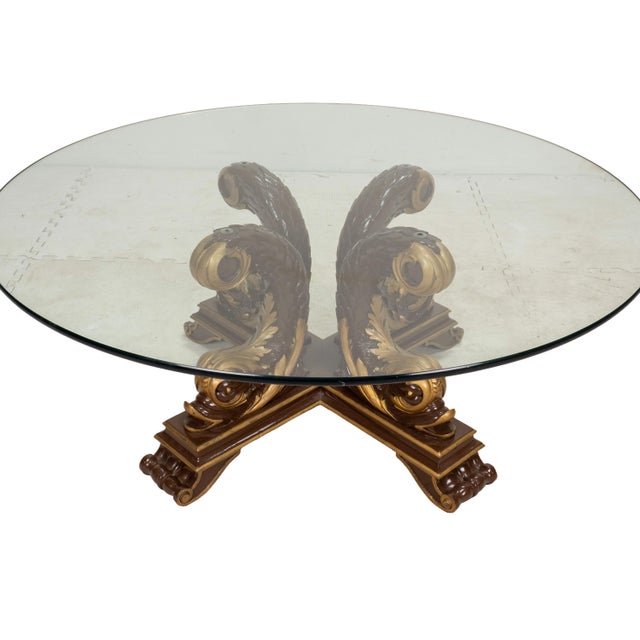 1980s Italian Neoclassical Style Gilt Scroll Base Round Glass Coffee Table Hollywood Regency For Sale - Image 14 of 14