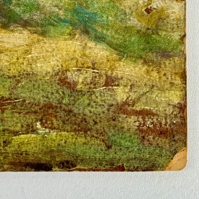 Paper Early 20th Century Joyous Original O/B Post Impressionist Painting of Scenic River Scene With Vine Covered Pergola For Sale - Image 7 of 10