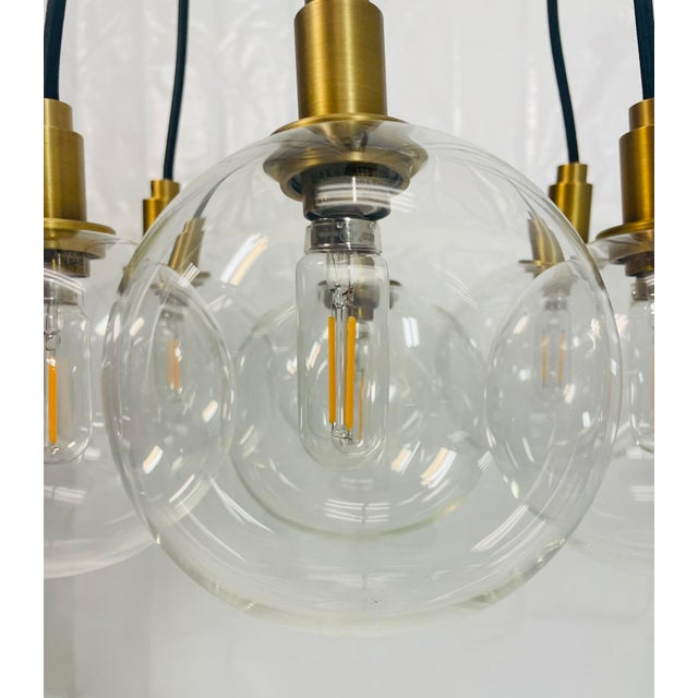 Modern 7-Light Cluster Chandelier With Oversized Glass Globes and Satin Brass Ca For Sale - Image 9 of 13