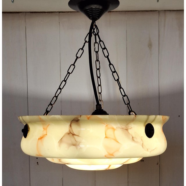 Metal Vintage German Art Deco Pendant Lamp with Beige Marbled Glass Shade, 1920s For Sale - Image 7 of 7