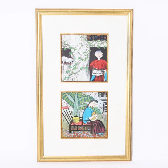 Two Chinese Paintings of Woman With Cats in a Common Frame For Sale - Image 9 of 9