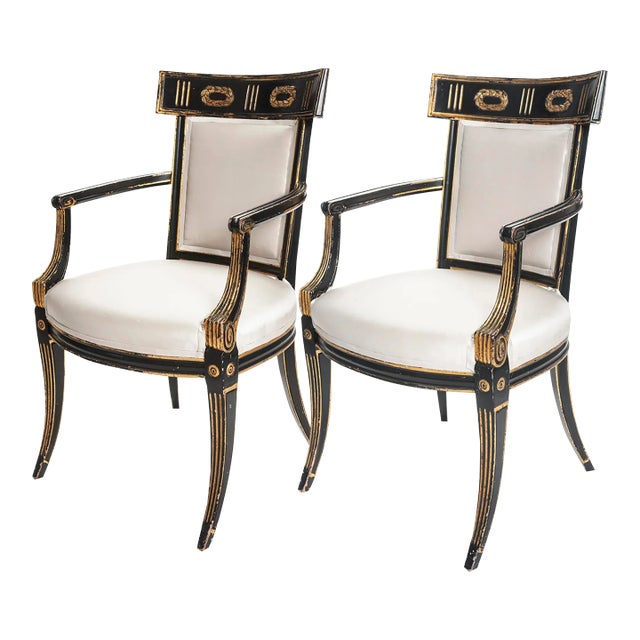 Early 19th Century Italian Regency Style Ebony & Gilt Armchairs in European Silk - a Pair For Sale