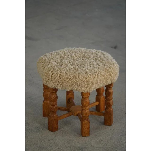 Gold Mid-Century Modern Danish Hexagonal Oak Stool with Shearling Lambswool, 1950 For Sale - Image 8 of 11