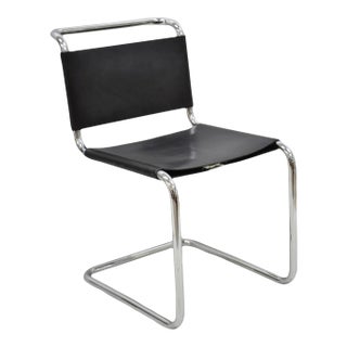 Vintage Marcel Breuer Black Leather Corset Back B33 Chrome Side Chair Attr Knoll For Sale