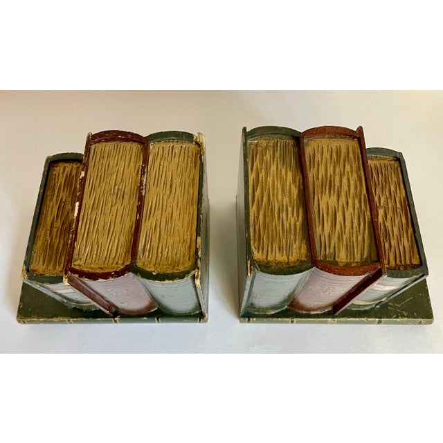 A Pair of Faux Figurative Stack of Books Wood Bookends For Sale - Image 4 of 12