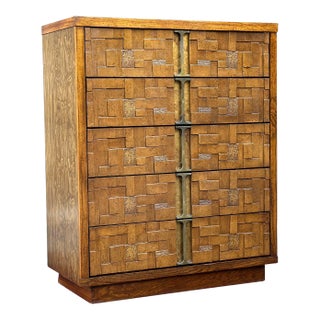 Vintage Mid-Century Modern Brutalist Style Highboy Dresser Tall Chest For Sale