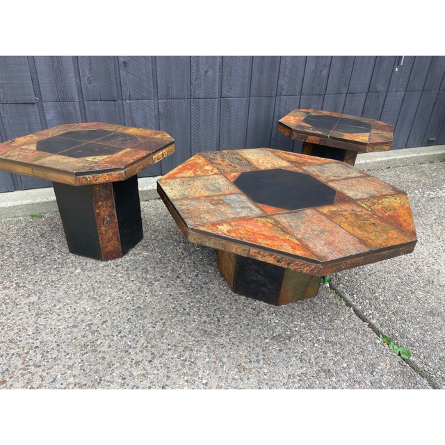 1960s Set of 3 Paul Kingma Style Brutalist Slate Tile Tables For Sale - Image 10 of 11
