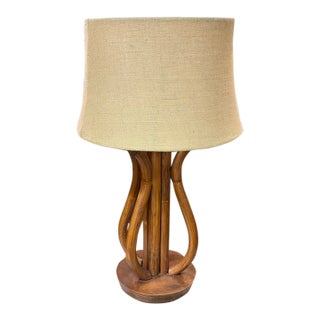 Mid Century Walnut Table Lamp With Original Burlap Linen Shade For Sale