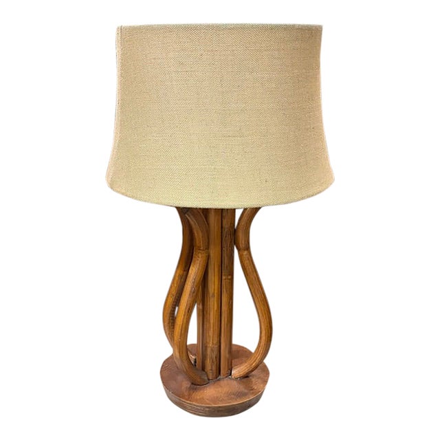 Mid Century Walnut Table Lamp With Original Burlap Linen Shade For Sale