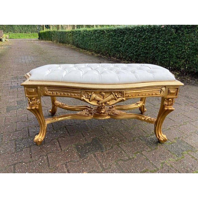 1950s French Vintage Off-White Leather Gilt Beech Bench For Sale - Image 16 of 16