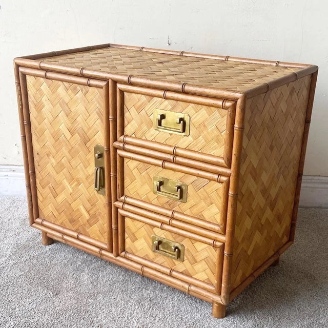 Boho Chic Faux Bamboo and Herringbone Chest Cabinet For Sale - Image 13 of 13