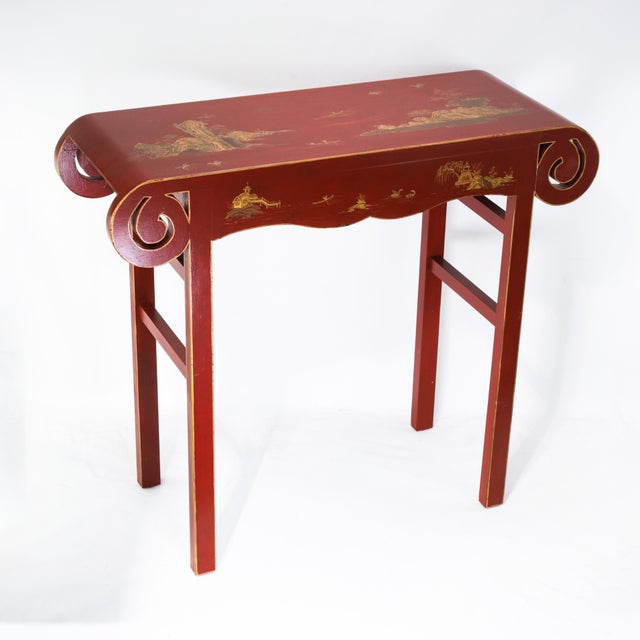 Chinoiserie Vintage Chinese Red Lacquer Console Table With Gilt Landscape Scenery and Scroll Ends For Sale - Image 3 of 18