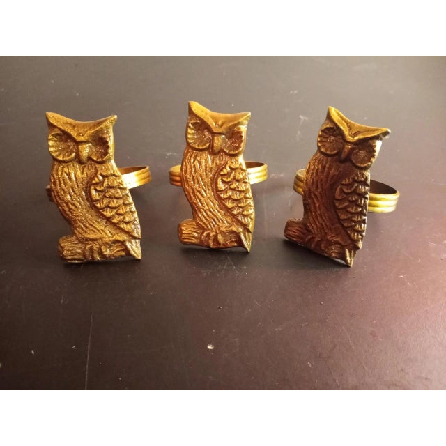 1980s Solid Brass Owl Figurine Napkin Rings- Set of 3 For Sale In Dallas - Image 6 of 6