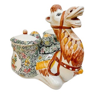 Large Scale Mid-Century Italian Majolica Camel Figural Centerpiece With Chinoiserie Floral Covered Jars For Sale