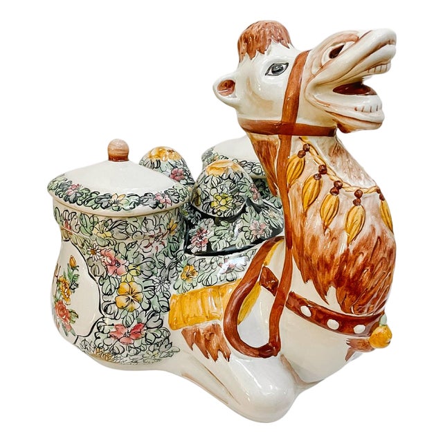 Large Scale Mid-Century Italian Majolica Camel Figural Centerpiece With Chinoiserie Floral Covered Jars For Sale