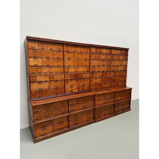 Industrial Large Antique American Oak Apothecary Cabinet, 1900s For Sale - Image 3 of 18
