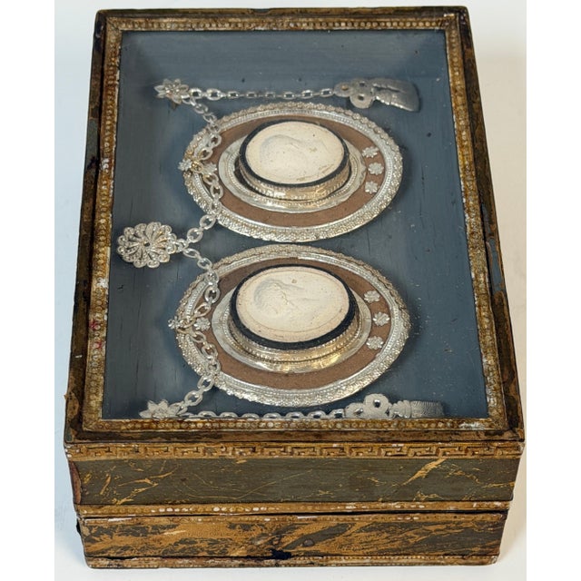 Bronze 19th C. Italian Grand Tour Intaglio Plaster Medallion & Gilt Marbled Leather Box For Sale - Image 8 of 13