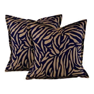 Designer Vicki Payne Free Spirit Navy Blue & Taupe Brown Zebra Animal Print Pillow Covers- a Pair For Sale