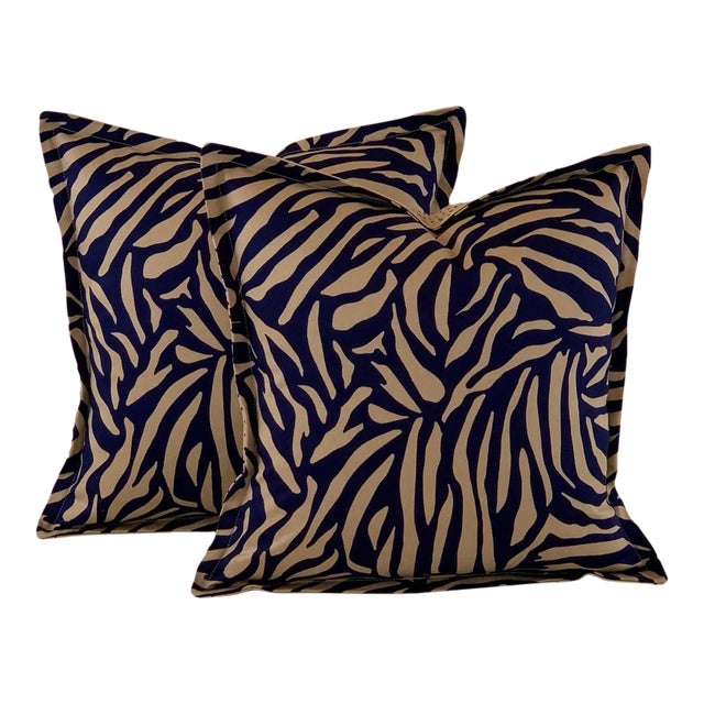 Designer Vicki Payne Free Spirit Navy Blue & Taupe Brown Zebra Animal Print Pillow Covers- a Pair For Sale
