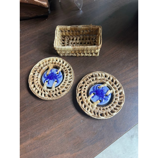 Wood 1970s Ceramic Blue Crab Coasters With Wicker Edges and Basket - a Pair For Sale - Image 7 of 8