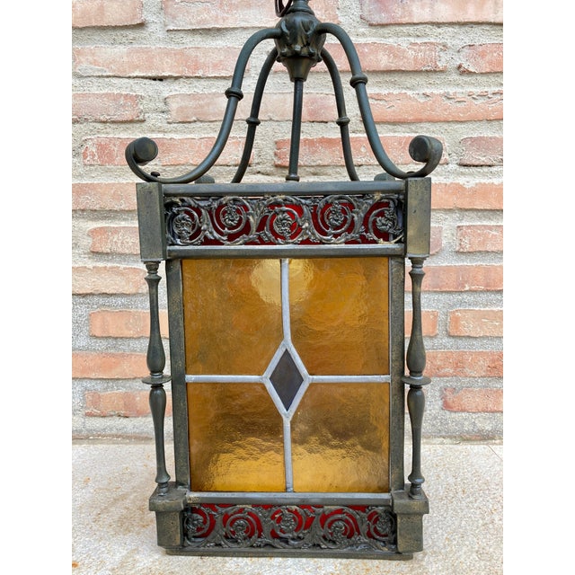 Wrought Iron and Stained Glass Ceiling Lantern Lamp, 1950s For Sale - Image 10 of 18