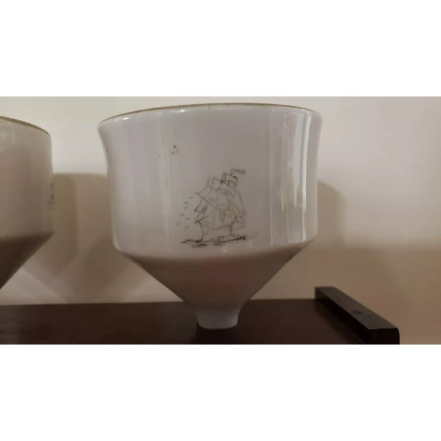 1970s Pair of 1970s Coors Porcelain Scrimshaw Style Buchner Funnels in Wooden Stand For Sale - Image 5 of 12