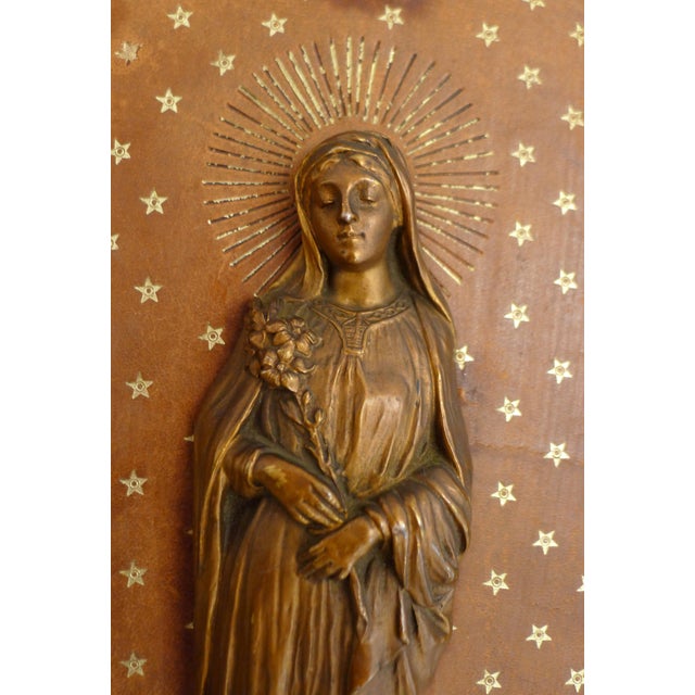 Religious Wall Icon of the Virgin Mary on Starry Background in Copper-Gold Metal, 1950s For Sale - Image 9 of 14