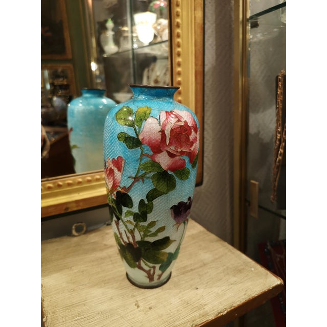 Aqua Japanese Style Celestial Blue Cloisonne Enamel Vase For Sale - Image 8 of 8