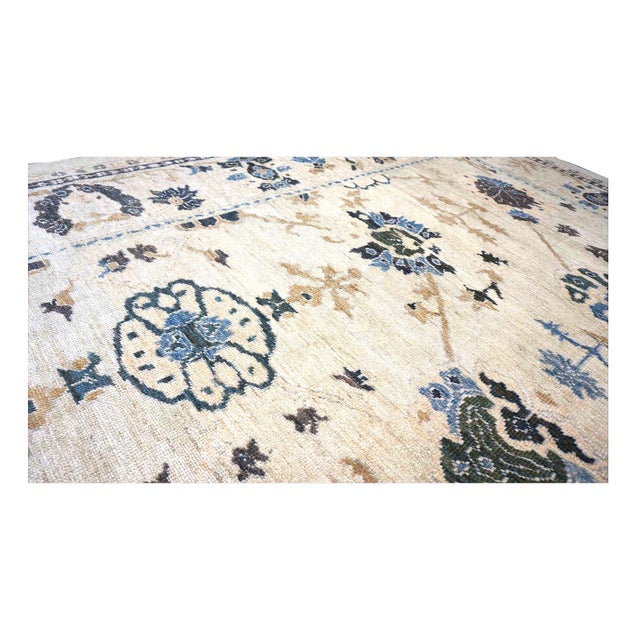 Textile 21st Century Turkish Oushak Wool 9x13 Ivory, Olive & Blue Handmade Area Rug #1140406 For Sale - Image 7 of 9