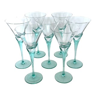 Faceted Glasses With Aqua Stems, Set of 7 For Sale