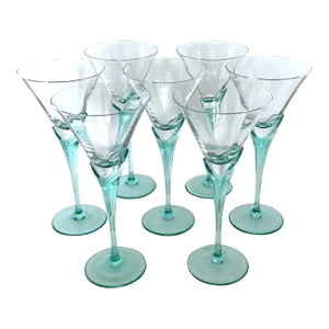 Faceted Glasses With Aqua Stems, Set of 7