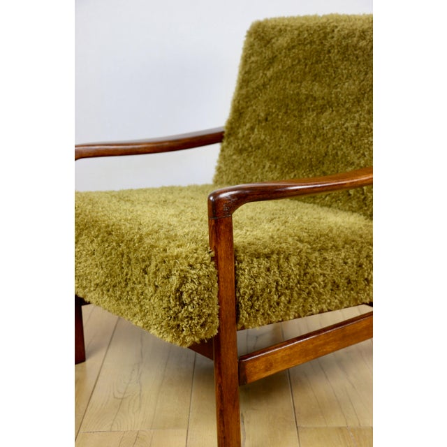 Vintage Wooden Armchair with Khaki Long Hair Upholstery by Z. Bączyk, 1970s For Sale - Image 9 of 13