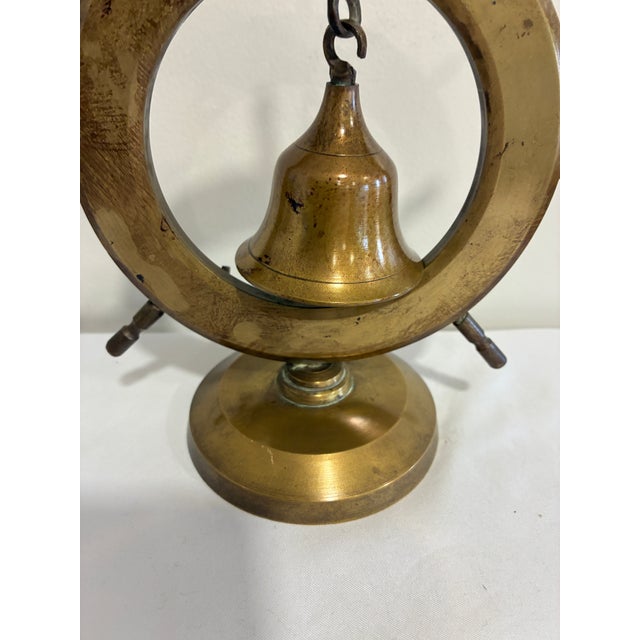 Mid 20th Century Vintage Brass Ship Wheel Bell on Stand, Nautical Accent For Sale - Image 5 of 9