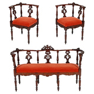 19th-Century Carved Walnut Lounge Set from Testolini Salviati, 1900s, Set of 3 For Sale