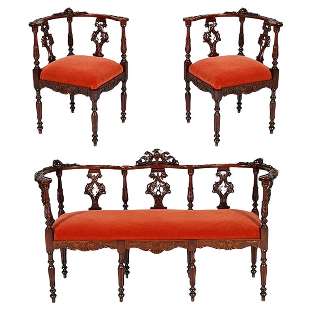 19th-Century Carved Walnut Lounge Set from Testolini Salviati, 1900s, Set of 3 For Sale