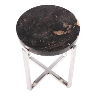Round Petrified Wood Top W Stainless Steel Stand Accent Table or Side Table 65 For Sale