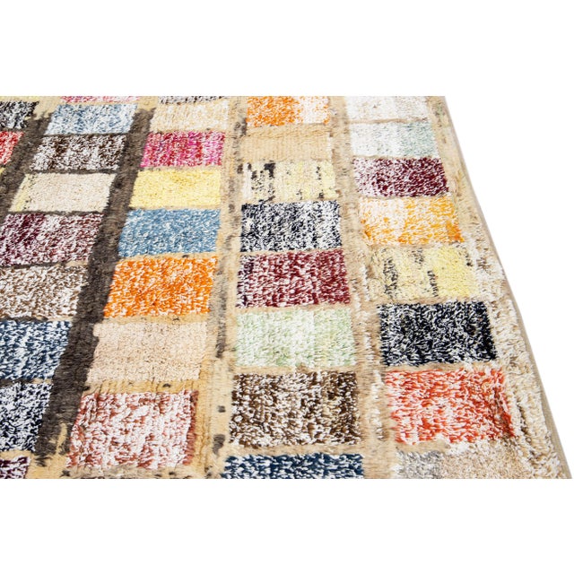 Beige Modern Turkish Tulu Handmade Multicolor Square Pattern Beige Wool Rug For Sale - Image 8 of 11
