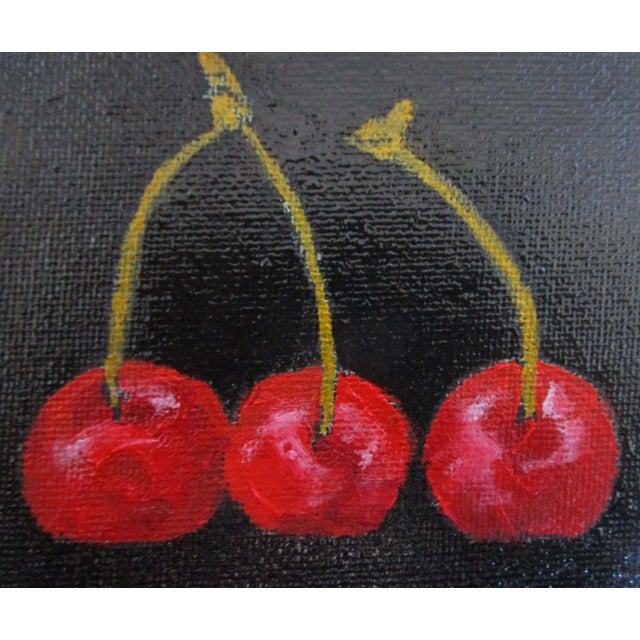 Miniature Three Red Cherries Art 4X4 Lynne French Food Still Life oil painting by Lynne French. The signed original...