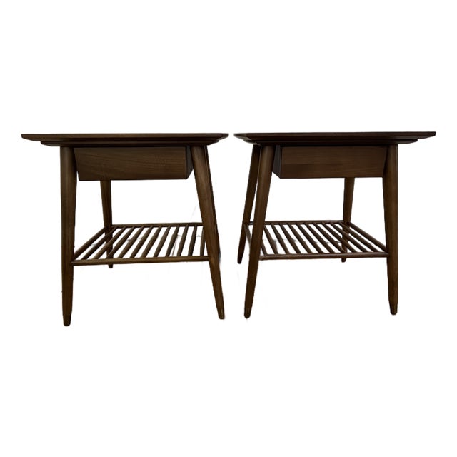 Pair of Mid-Century Modern Walnut Square End Tables With Slatted Shelves For Sale