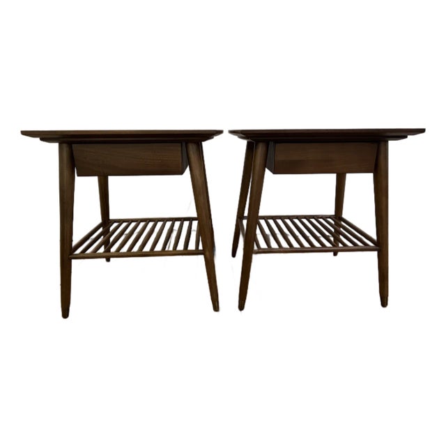 Pair of Mid-Century Style Modern Walnut End Tables With Slatted Shelves For Sale