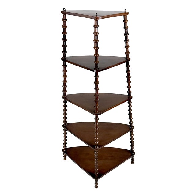 1900 - 1909 Antique 1900s Victorian 5-Tier Wooden Spool Corner Shelf W/ Eye-Screw Hooks for Hanging - 46" H Folk Art Handmade Curio Shelving Display For Sale - Image 5 of 10