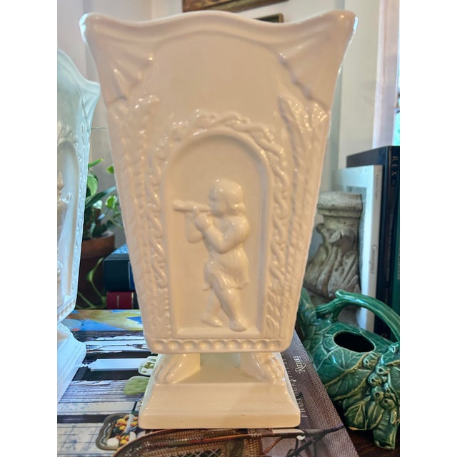 Late 20th Century Neoclassical Cream Ceramic Putti Pedestal Vases – A Pair For Sale - Image 4 of 12