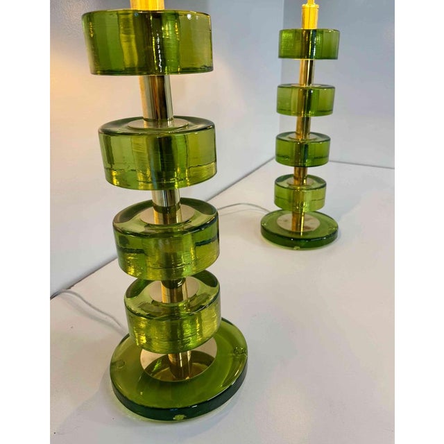 Glass Italian Green Emerald Murano Glass Discs and Brass Lamps with Black Lampshades, 2000s, Set of 2 For Sale - Image 7 of 15