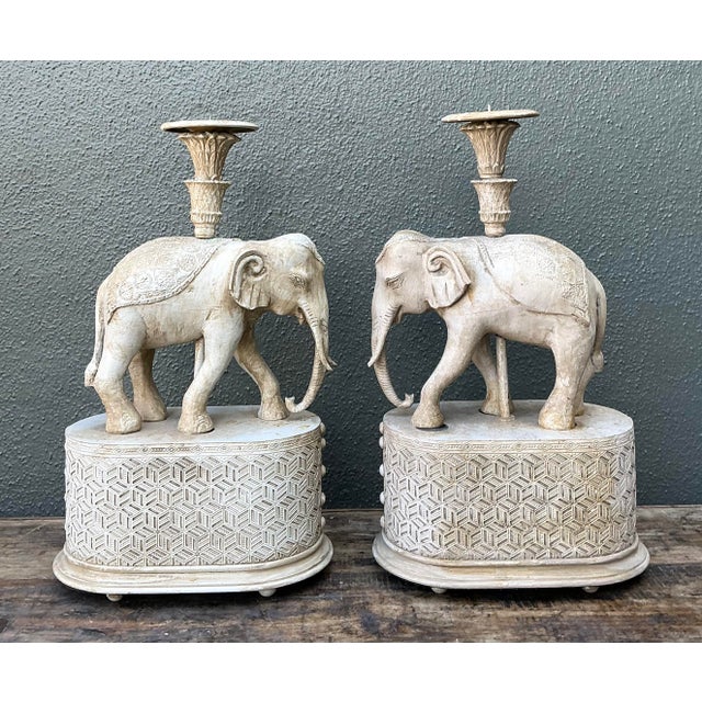 Chinoiserie Vintage Carved Wood Elephant Candlesticks - A Pair For Sale - Image 3 of 12