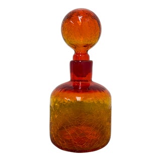 Italian Hand Blown Fire Orange Glass Decanter For Sale