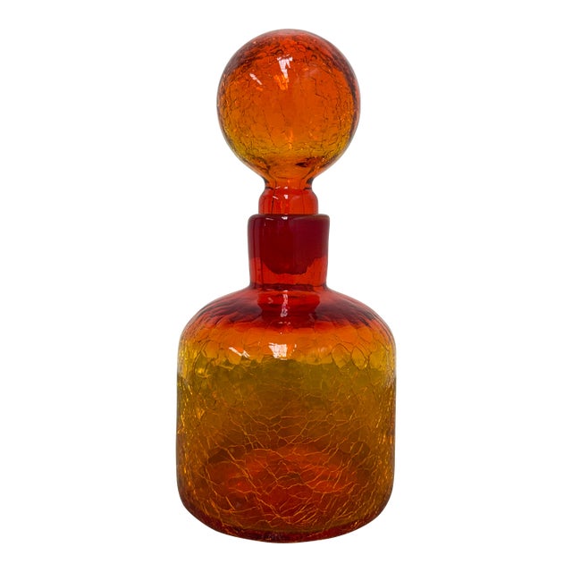 Italian Hand Blown Fire Orange Glass Decanter For Sale