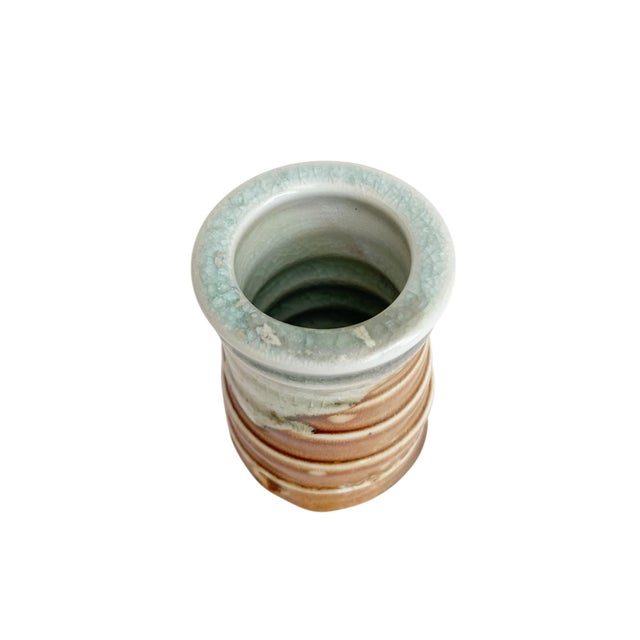 Rustic Artisan Stamped Wheel Thrown Pottery Bud Vase - Textured Spiral Rustic Glaze For Sale - Image 3 of 4